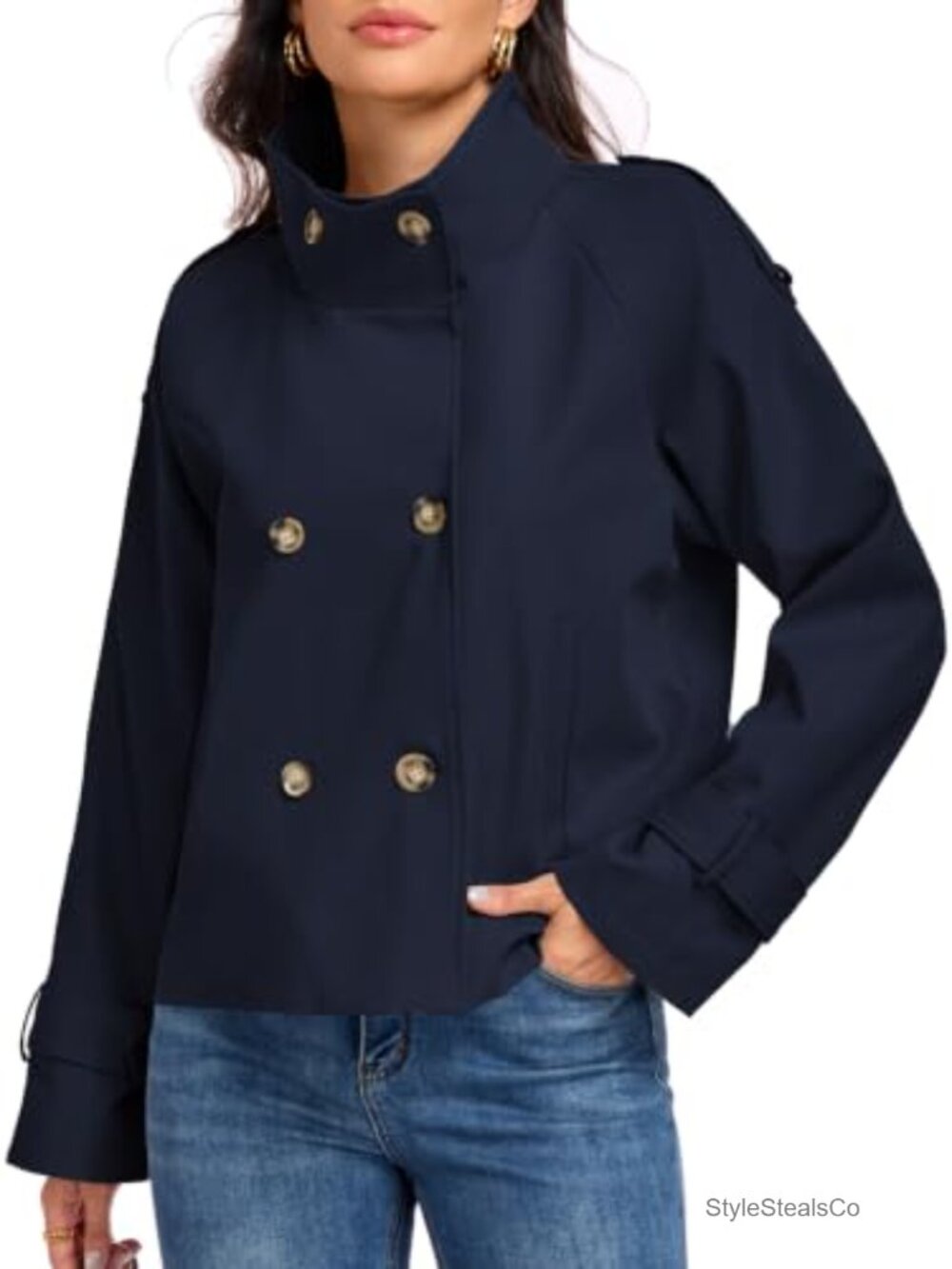 Womens Cropped Trench Coat Funnel Neck Double Breasted Fall Jacket
